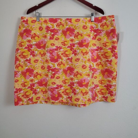 Old Navy Women's Pixie Skirt 2X Pink Yellow Mini Floral Pull On Preppy Coquette - Picture 1 of 12